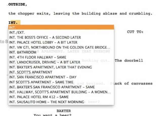 Interior example from screenwriting software